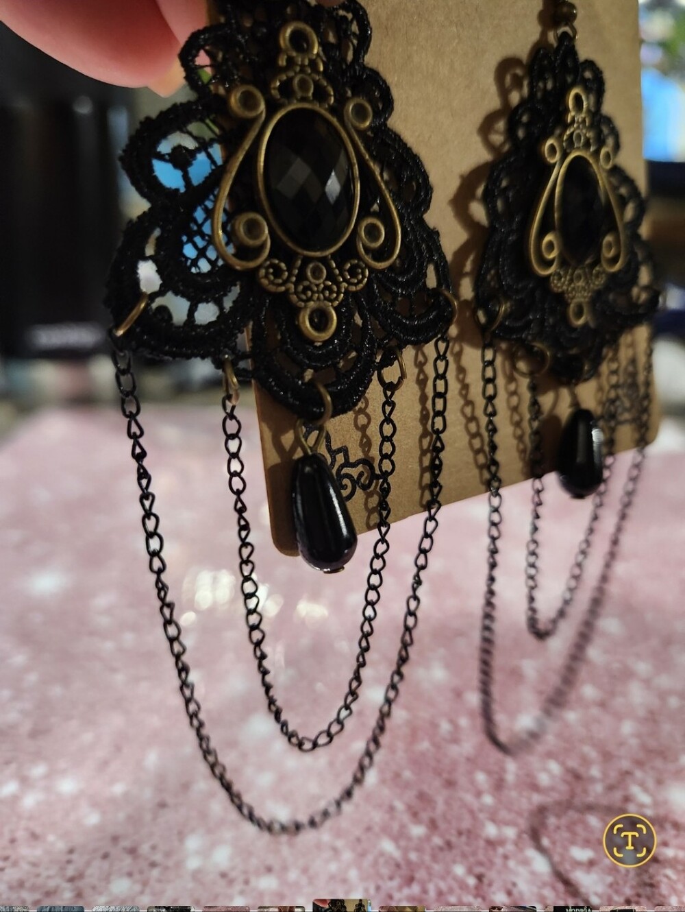 Black Lace Filigree Dangle Earrings with Antique Gold Accents - Picture 4 of 6